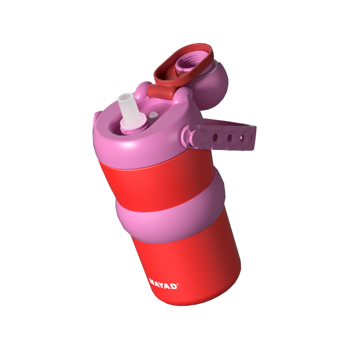 A 3D render of a kids' water bottle by NAYAD, featuring a red body with pink bands and a purple flip-top lid with a white straw, shown on a plain white background.
