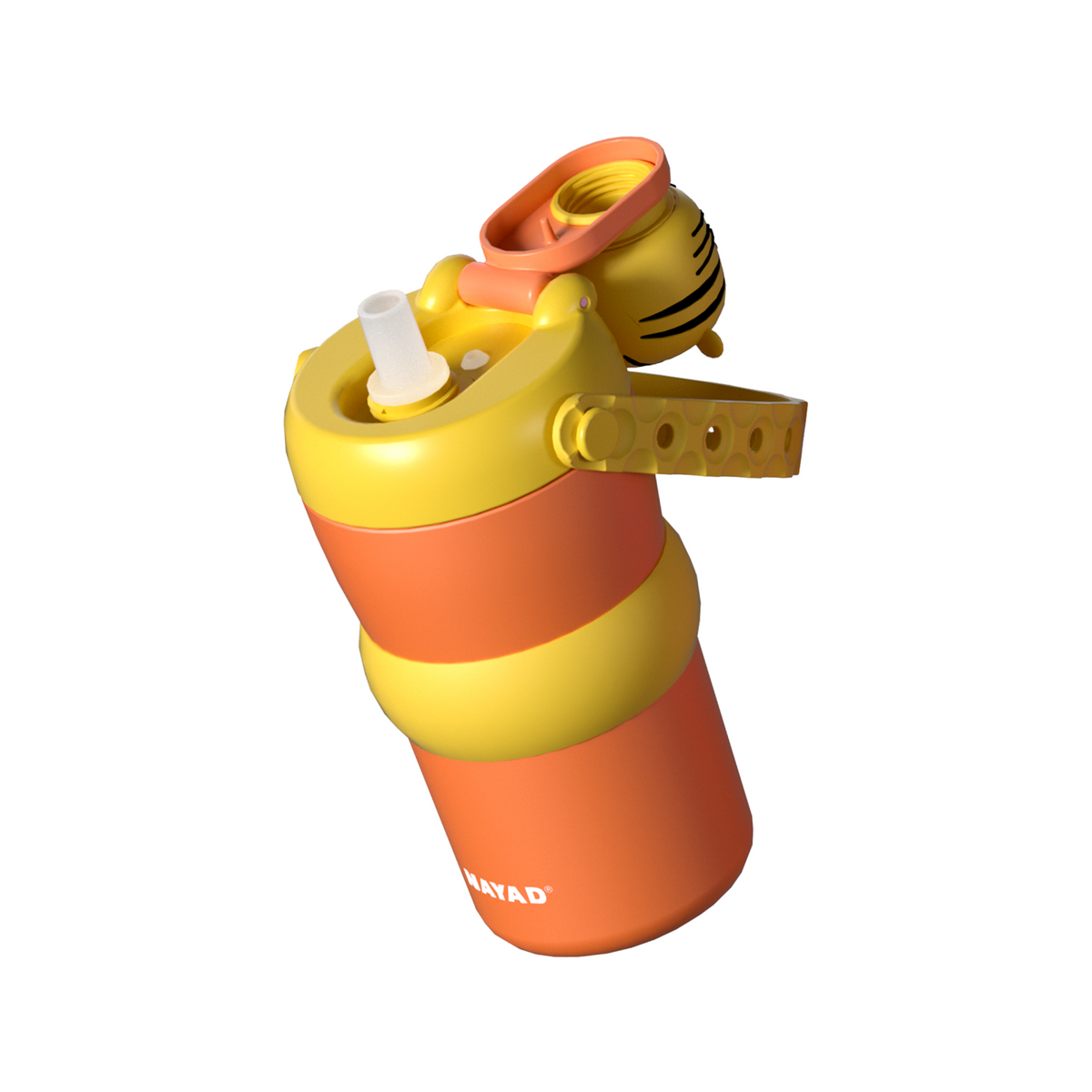 A 20-ounce water bottle with a flip-top lid, featuring a yellow and orange color scheme with a small bee-themed cap detail, shown on a plain white background.