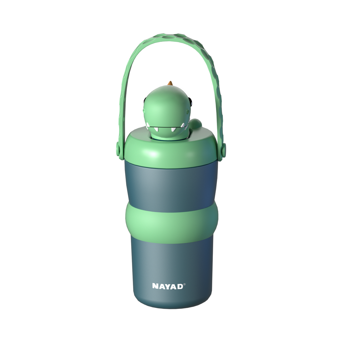 A NAYAD brand reusable bottle with a dinosaur-themed lid and handle, featuring a dark teal body, a mint green middle band, and a matching mint green dinosaur character on top of the lid, set against a plain white background.