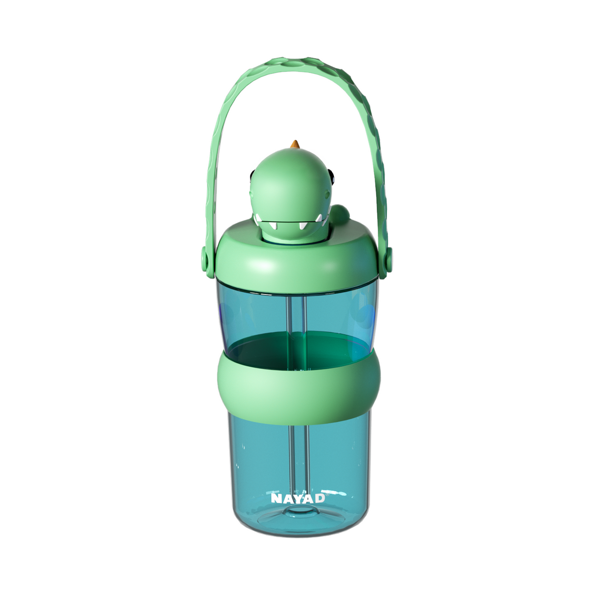 A NAYAD brand reusable bottle with a dinosaur-themed lid and handle, featuring a dark teal body, a mint green middle band, and a matching mint green dinosaur character on top of the lid, set against a plain white background.