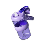 A translucent purple water bottle with a matching purple lid and strap, featuring a white straw and a clear lower chamber, shown on a plain white background.