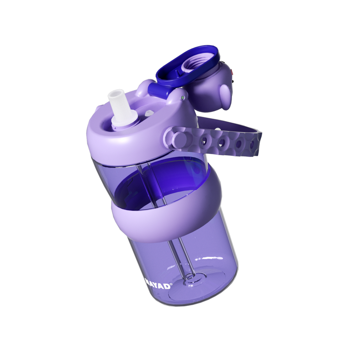 A translucent purple water bottle with a matching purple lid and strap, featuring a white straw and a clear lower chamber, shown on a plain white background.