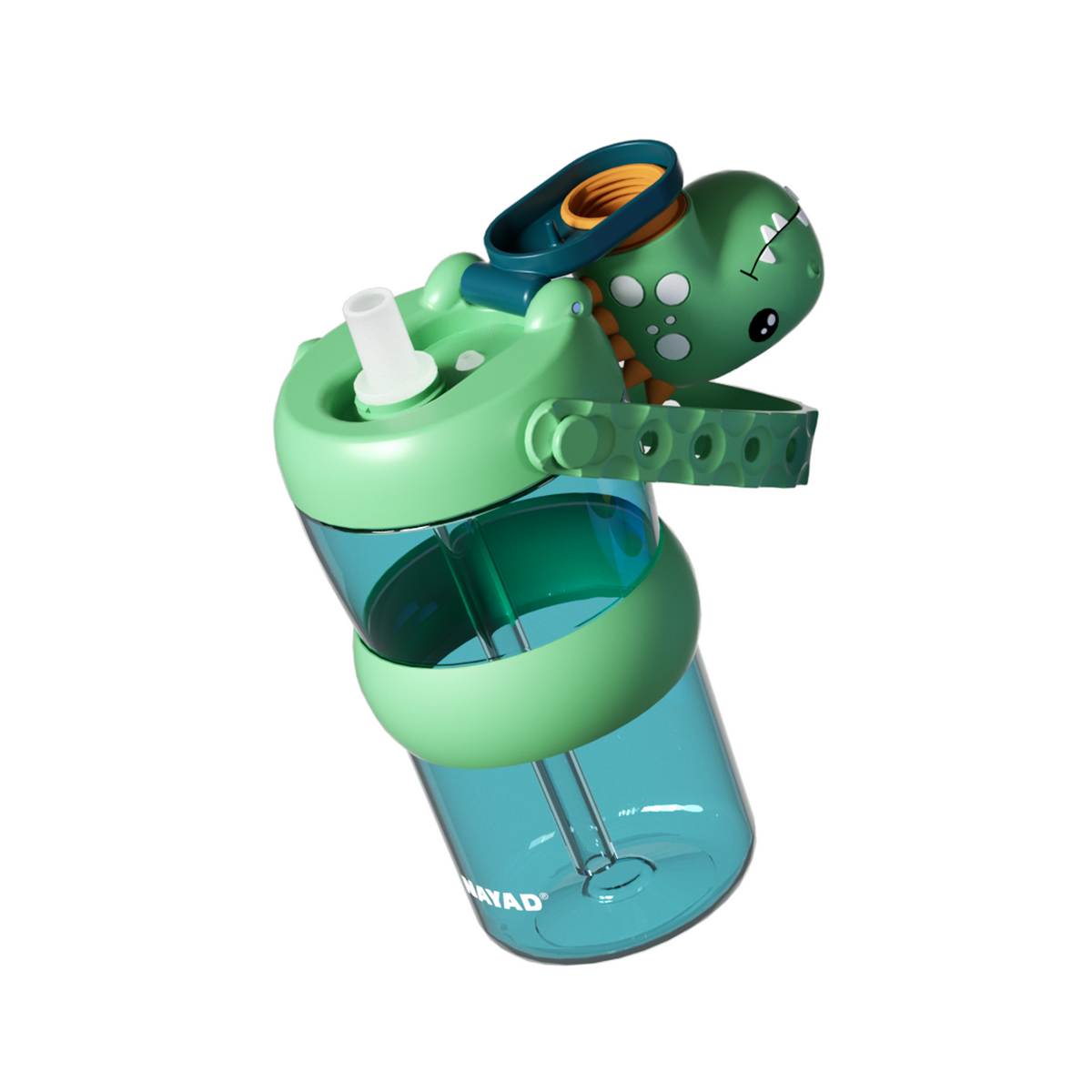 A children's water bottle with a green dinosaur-themed lid and straw. The bottle is translucent teal, featuring a mint green lid with a white straw, a green silicone collar, and a side-mounted green dinosaur figure with a blue and orange mouthpiece.