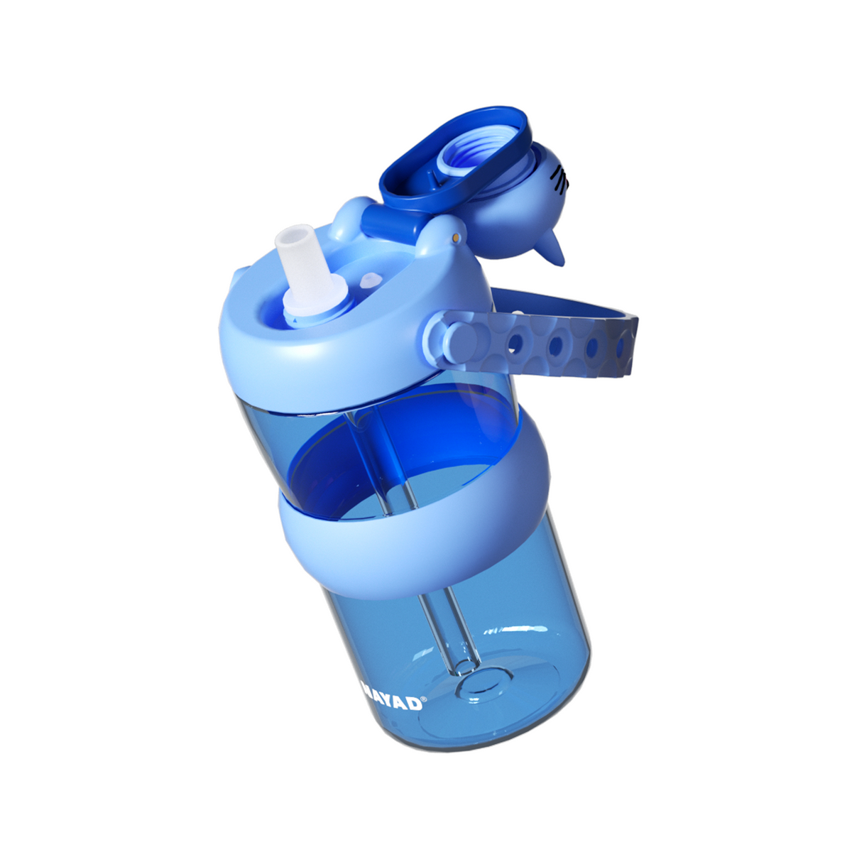 A translucent blue water bottle with a light blue lid and straw, shown on a plain white background. The brand name 'TANTAD' is partially visible near the bottom of the bottle.