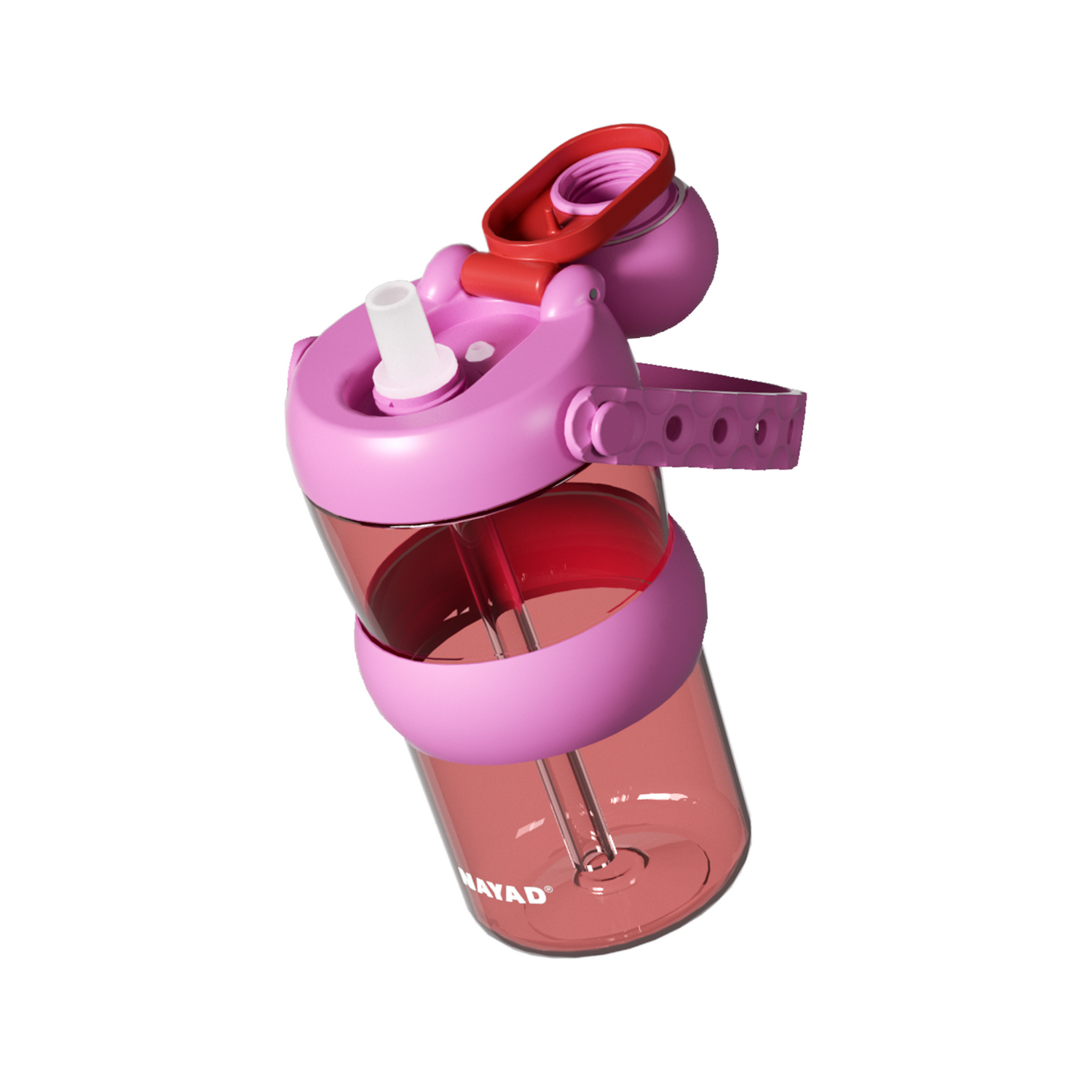 A pink and red translucent plastic water bottle with a matching pink lid, red flip-top spout, and straw, shown on a plain white background. The brand name 'MAYAD' is printed near the bottom.