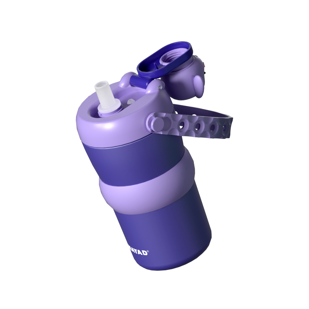 A 3D-rendered purple and blue water bottle with a flip-top lid and carrying strap, shown on a plain white background.