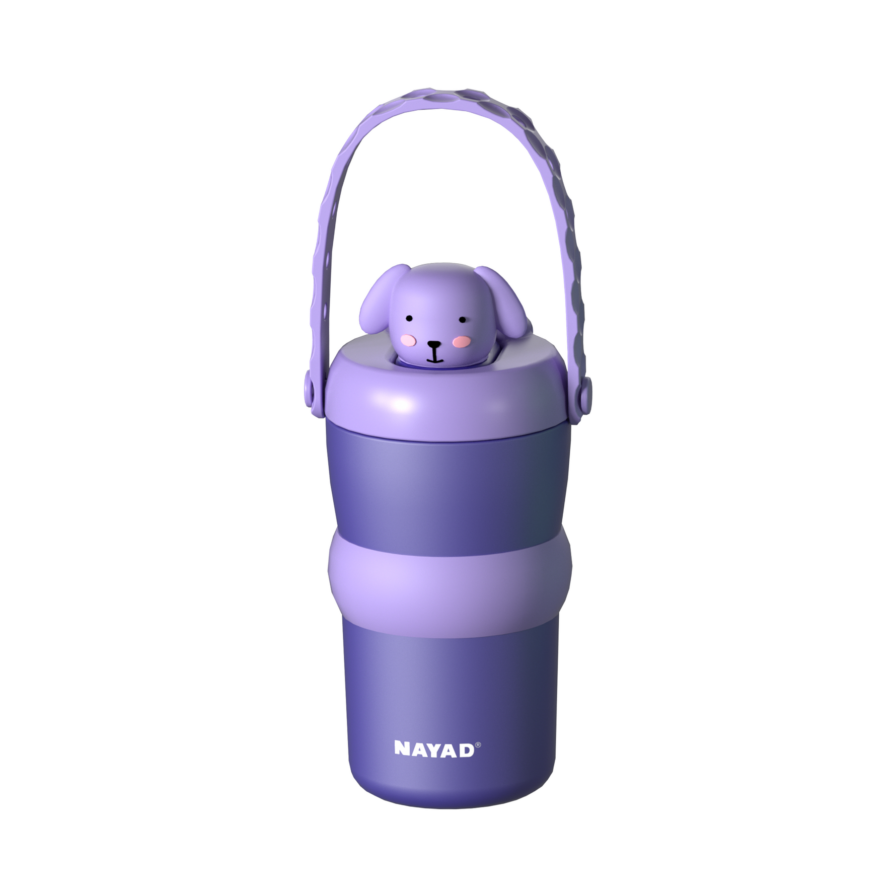 A purple insulated water bottle with a matching purple carrying handle and a small dog-shaped lid topper, shown on a plain white background. The brand name NAYAD is printed near the bottom.