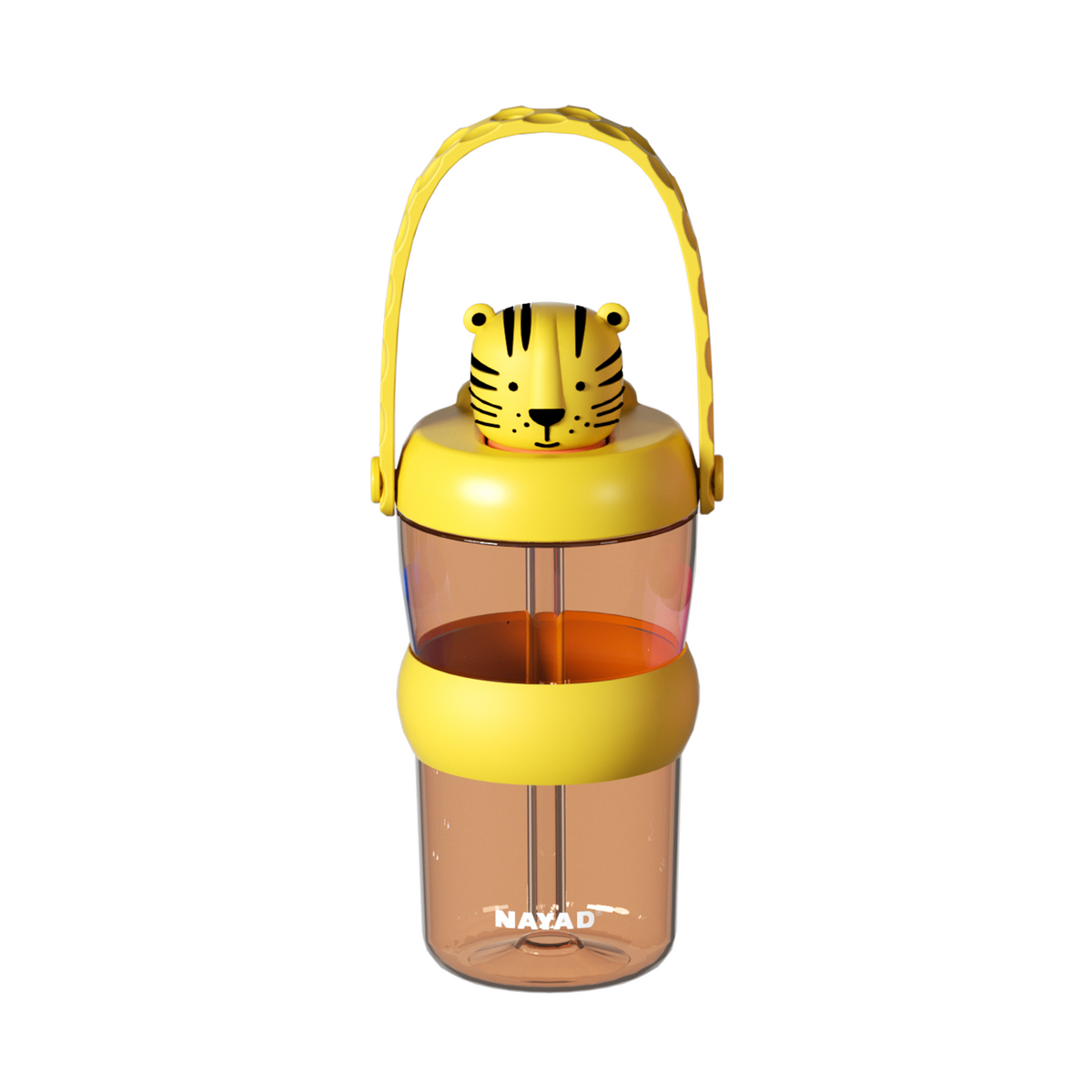 A yellow and translucent brown water bottle with a tiger-face lid detail and a curved carrying handle, shown on a plain white background.