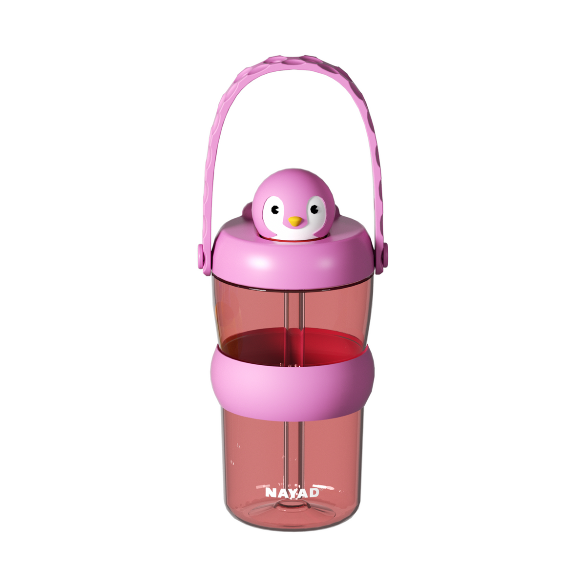 A pink and translucent pink water bottle with a cute penguin lid, a pink carrying handle, and a clear lower cup section. The brand name 'MAYA D' is printed near the bottom.