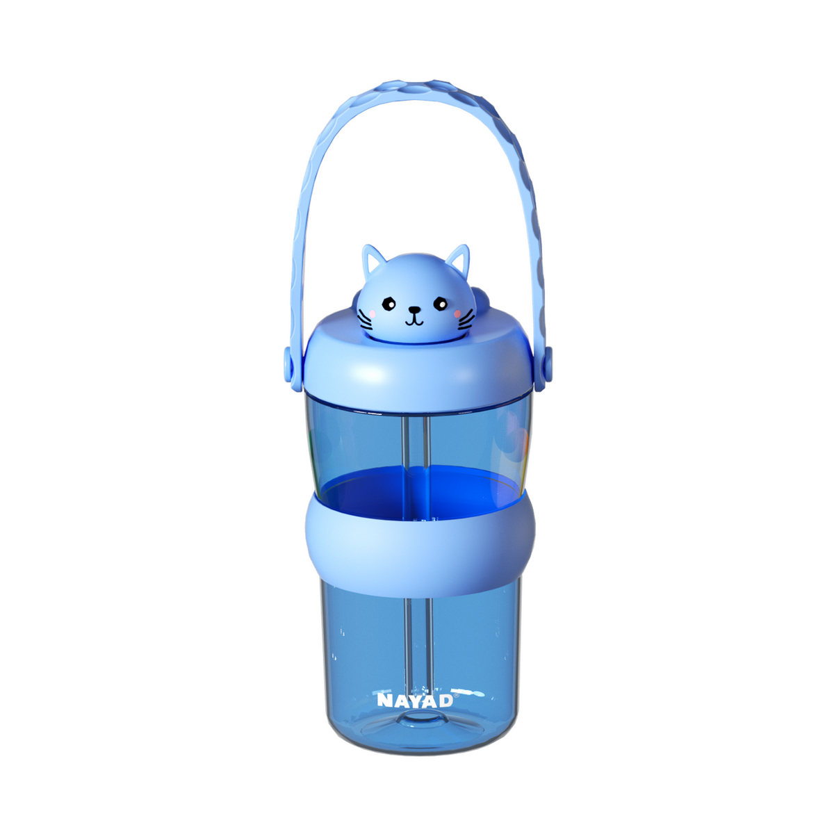 A translucent blue water bottle with a light blue cat-shaped lid and a matching carrying handle, shown on a plain white background. The brand name 'MAYAD' is printed near the bottom.