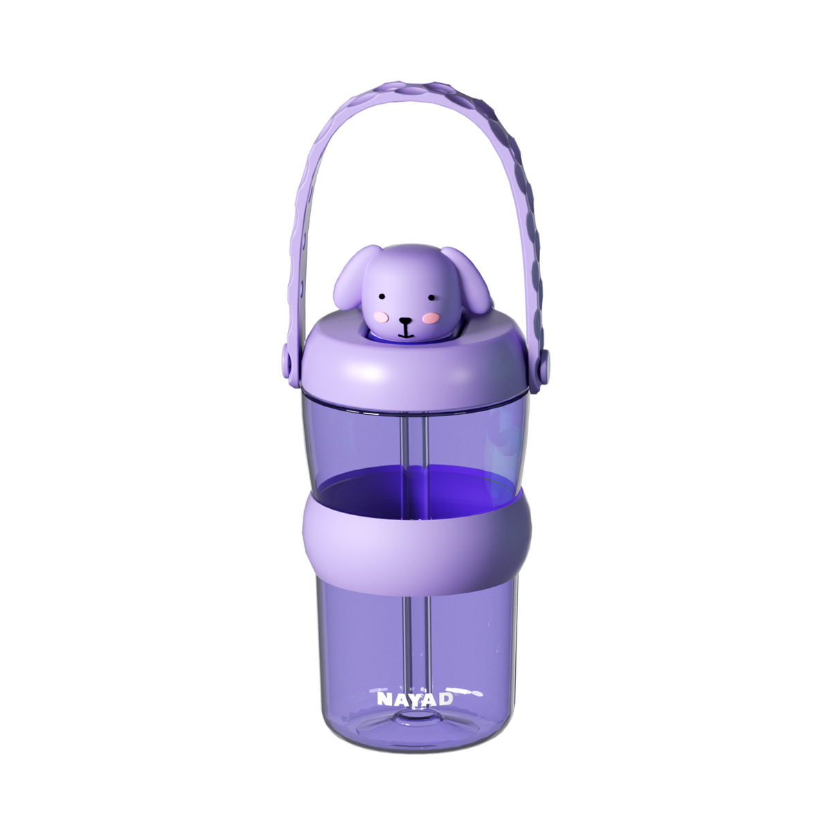 A purple portable water bottle with a cute dog-shaped lid, a carrying handle, and a clear lower cup, shown on a plain white background.
