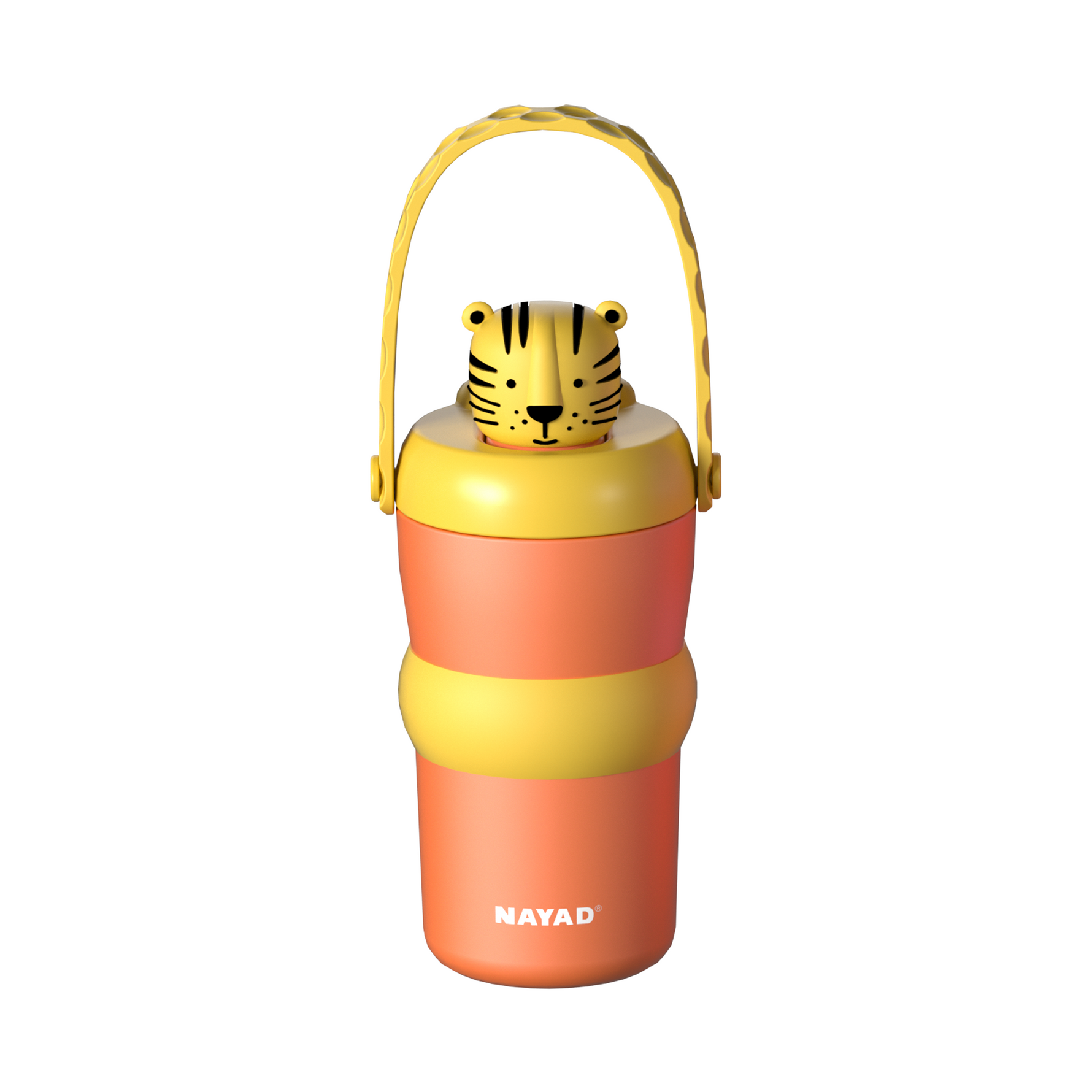 A colorful insulated tumbler with a yellow tiger-face lid and handle, featuring horizontal bands of orange, yellow, and peach, with the brand name NAYAD printed near the bottom.