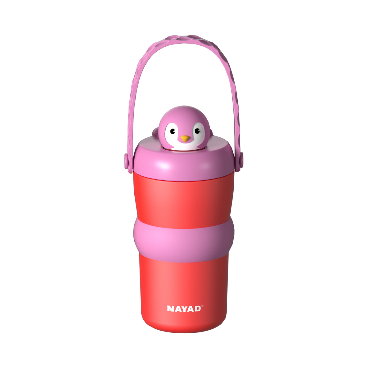 A pink and red insulated water bottle with a cute penguin character on the lid, featuring a pink carrying handle, shown on a solid white background.