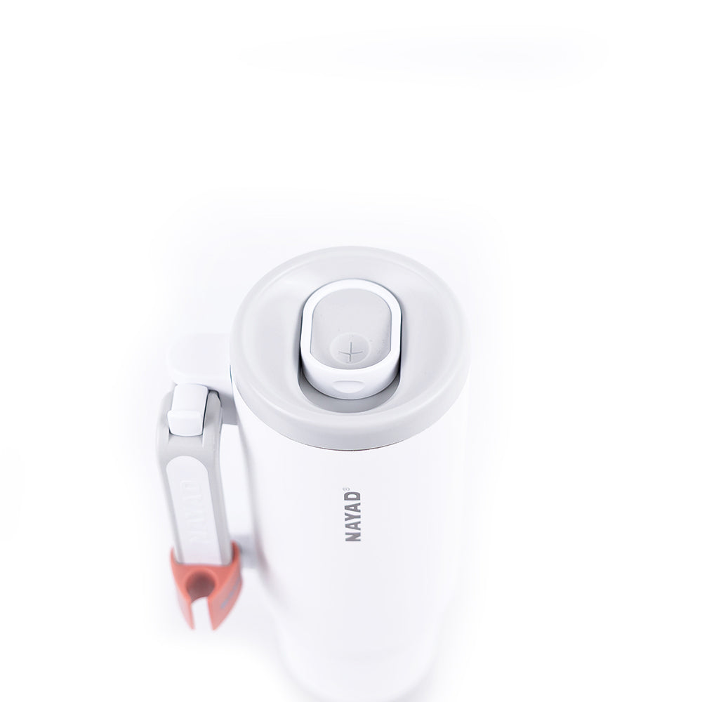 White tumbler with pink accent on a white background