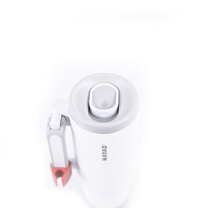 White tumbler with pink accent on a white background