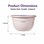 Product dimensions diagram of a NAYAD stainless steel portable leakproof salad bow lcontainer, showing a height of 4.5 inches and a width of 8 inches on a white background.