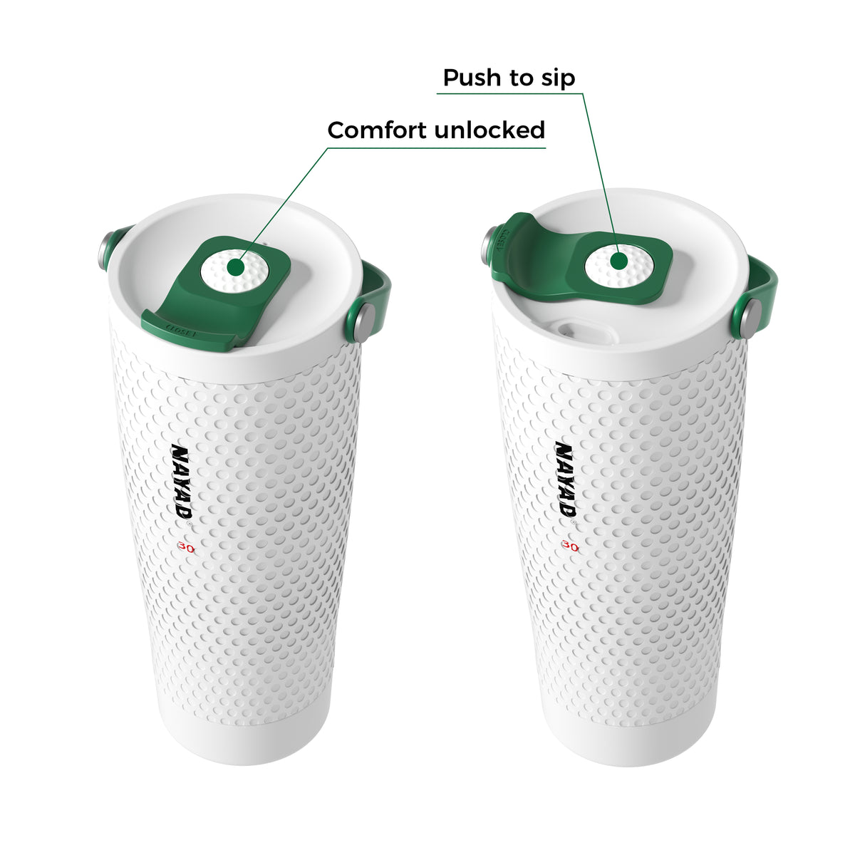 Two GOLF STYLE white water bottles with green lids on a white background, showing features like 'Push to sip' and 'Comfort unlocked'.
