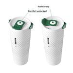 Two GOLF STYLE white water bottles with green lids on a white background, showing features like 'Push to sip' and 'Comfort unlocked'.