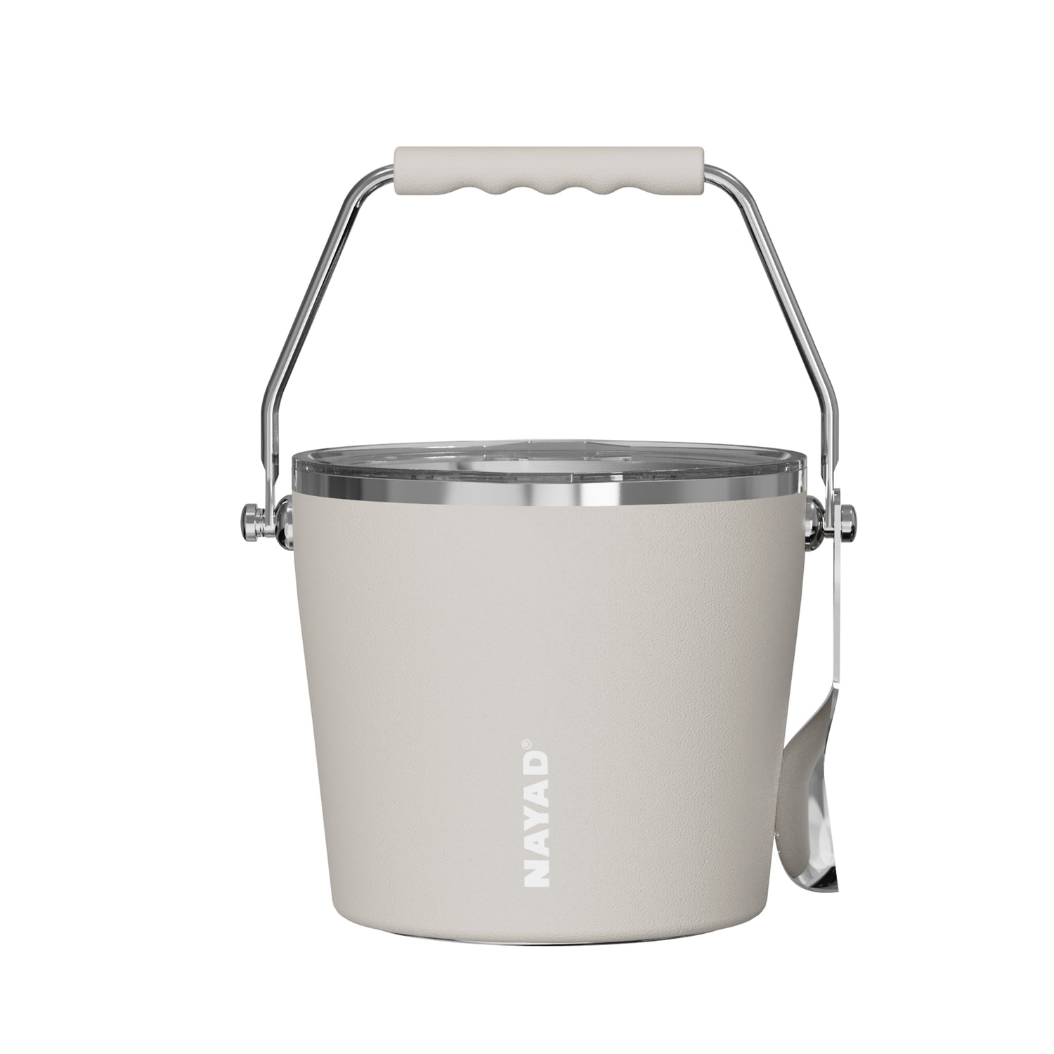 White bucket with metal handle and lid on a white background