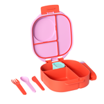 Pink and orange bento box with compartments and utensils on a white background