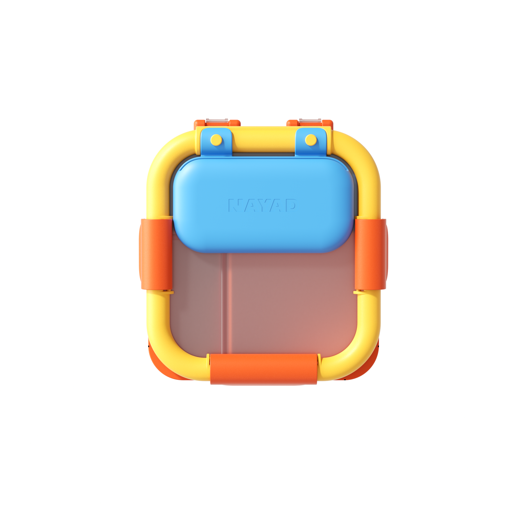 Colorful toy with a blue top and yellow and orange sides on a white background