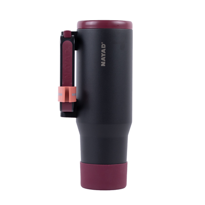 Black and burgundy travel mug with lip stick holder on handle on a white background