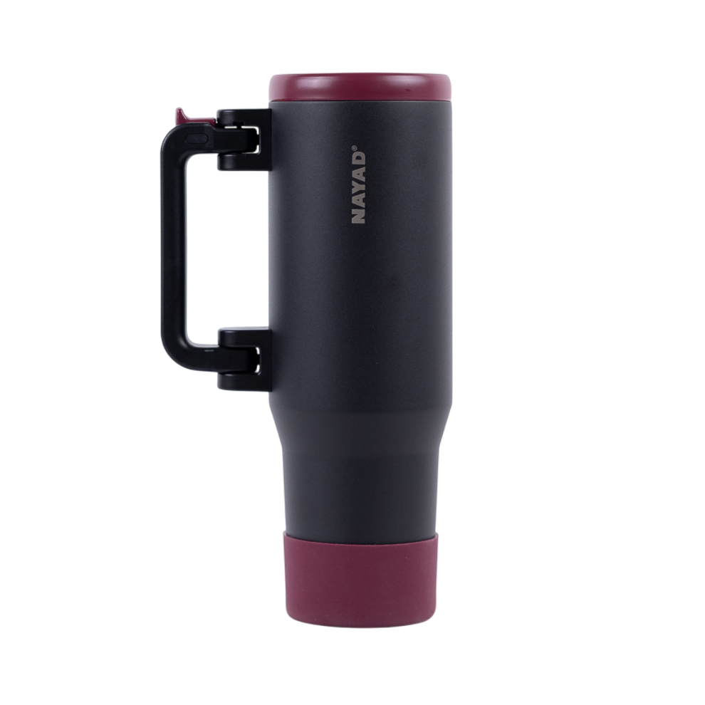 Black and burgundy travel mug with handle on a white background