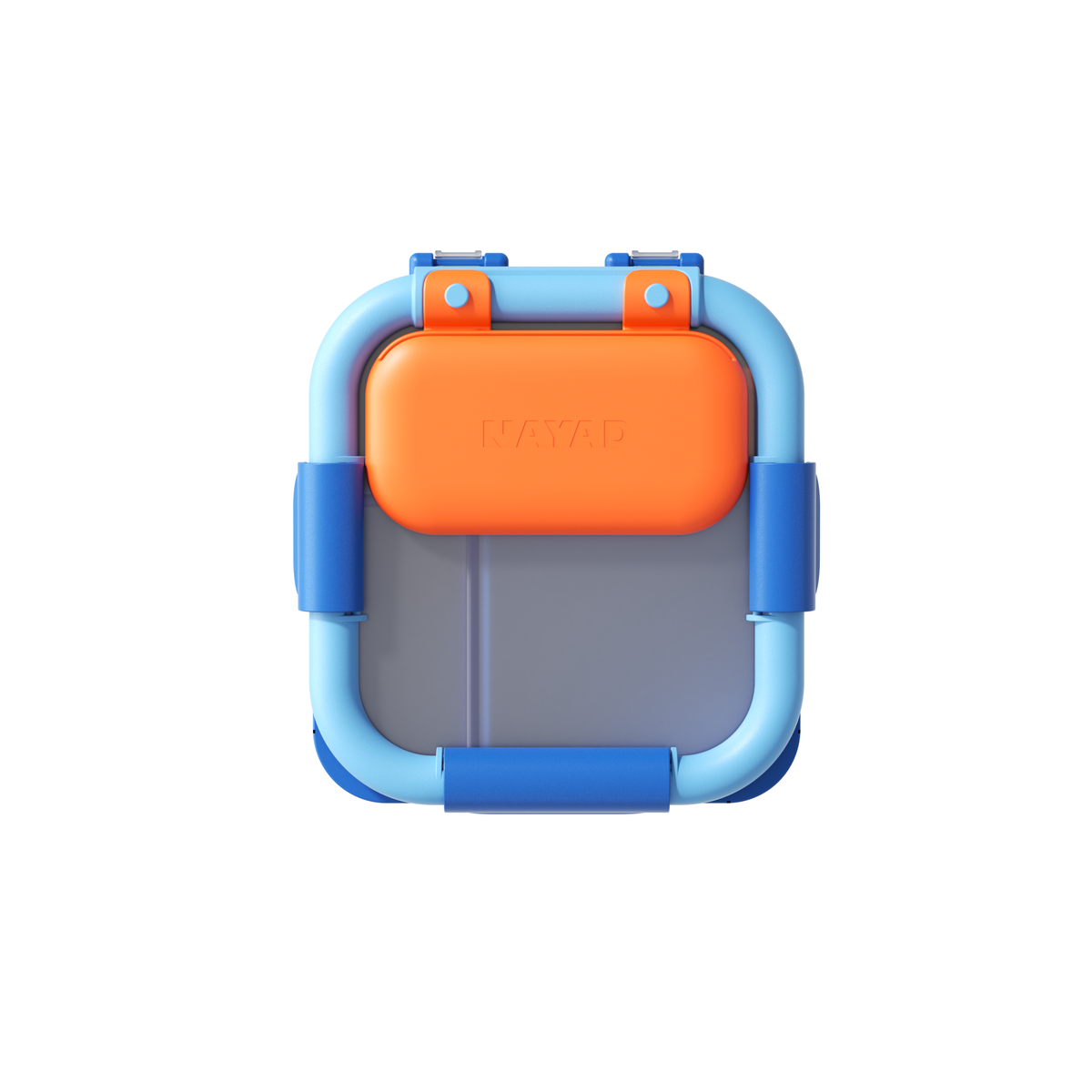 Rectangular container with orange lid and blue sides on a white background