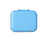 Blue rectangular closed bento box container with orange accents on a white background