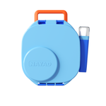 Blue emergency survival kit with orange handle and transparent clear bag on a white background