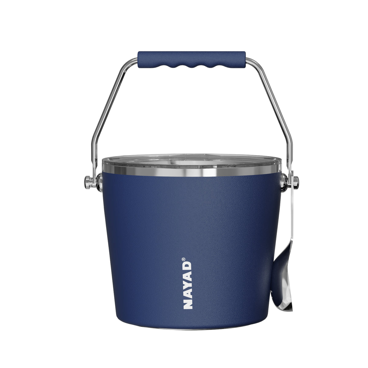 Blue bucket with metal handle and scoop on a white background