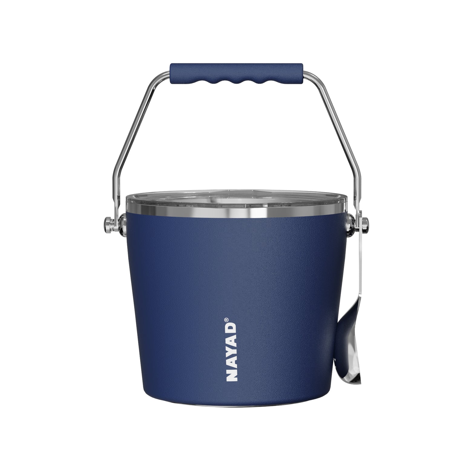 Blue bucket with metal handle and scoop on a white background