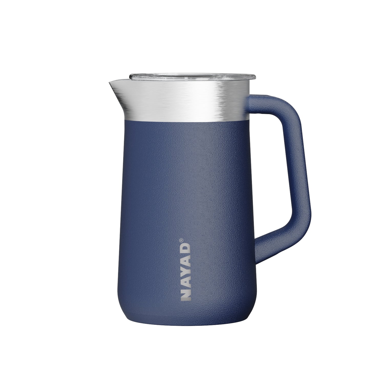Blue pitcher with silver lid on a white background