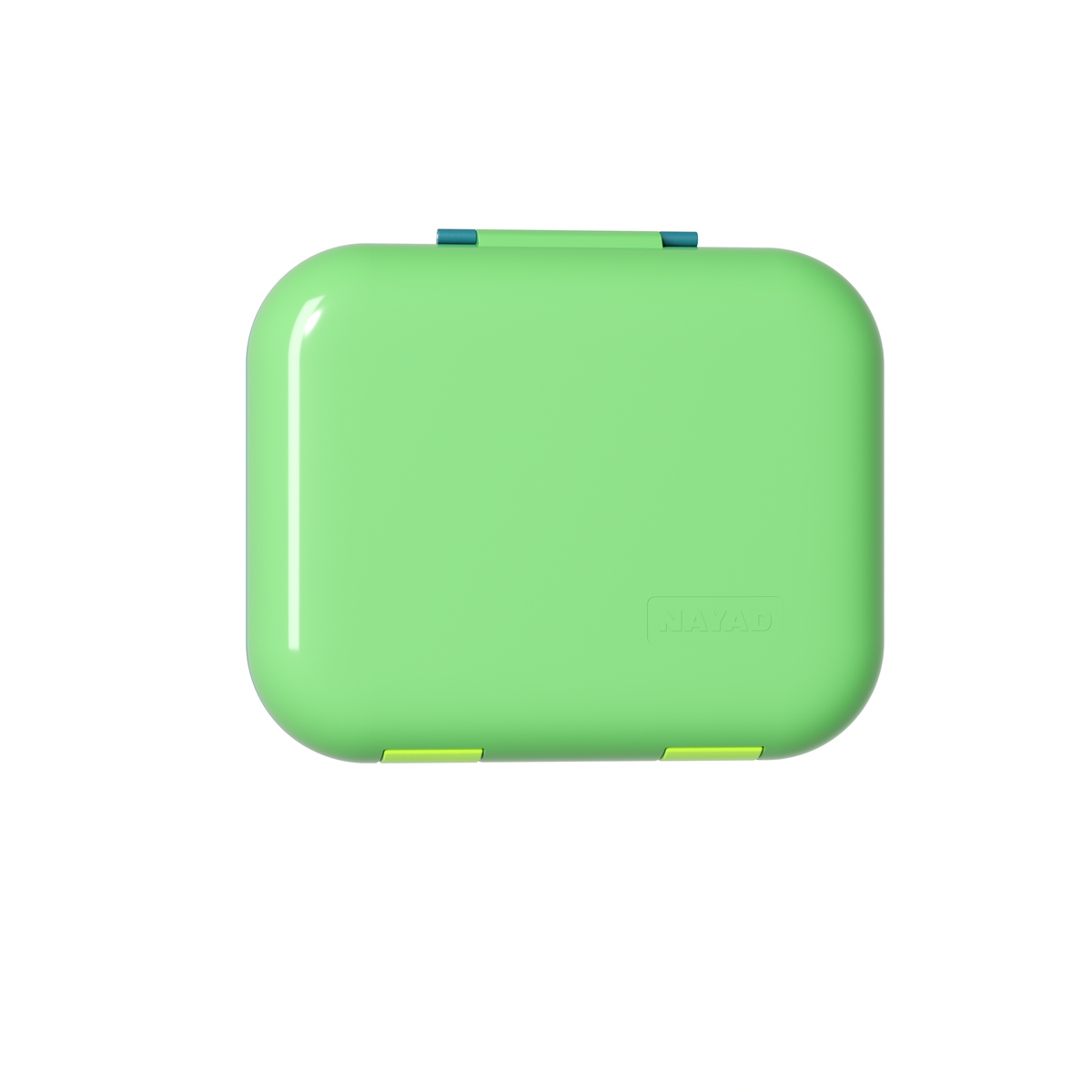 Green closed bento box with a lid on a white background