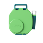 Green and blue reel with a handle on a white background