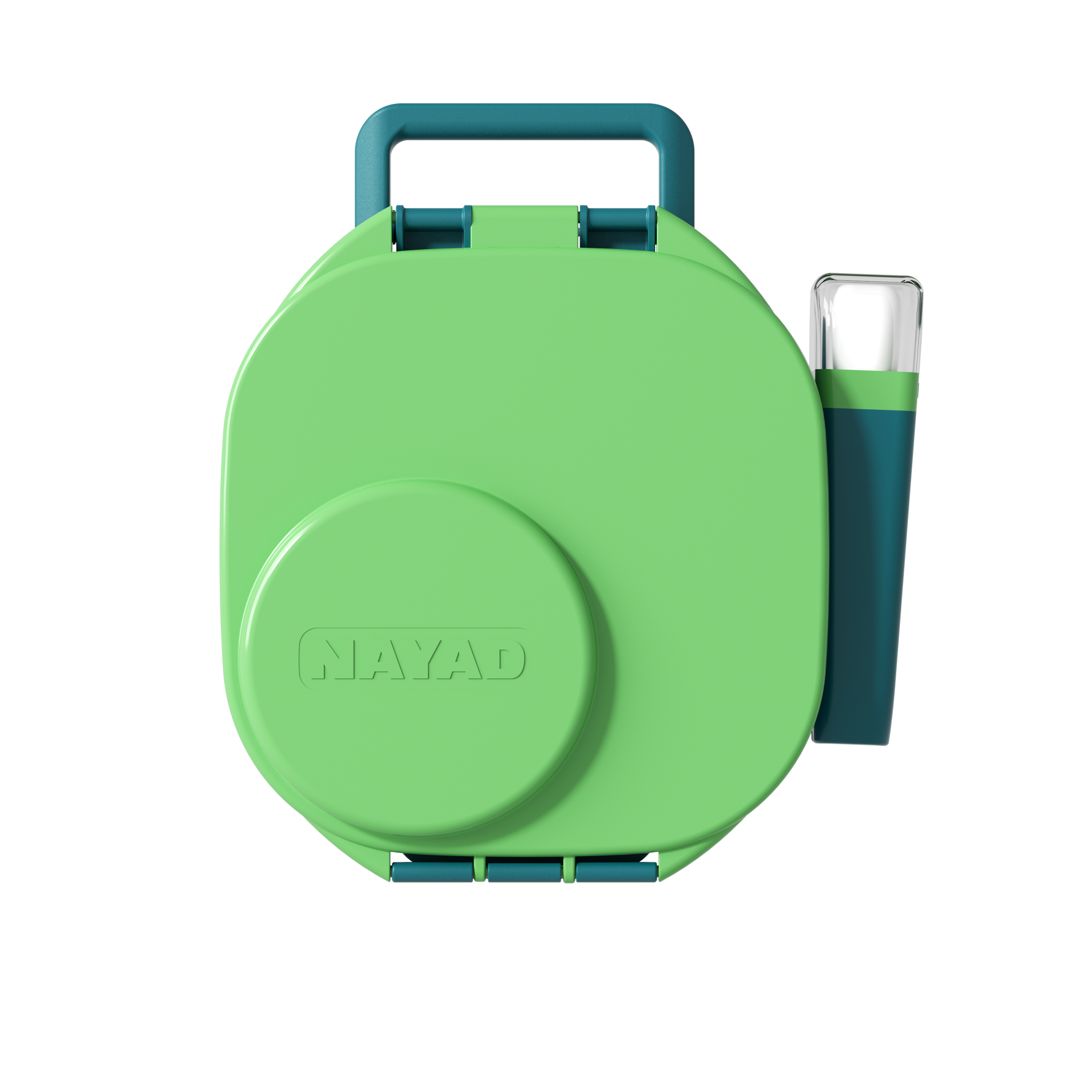 Green and blue reel with a handle on a white background