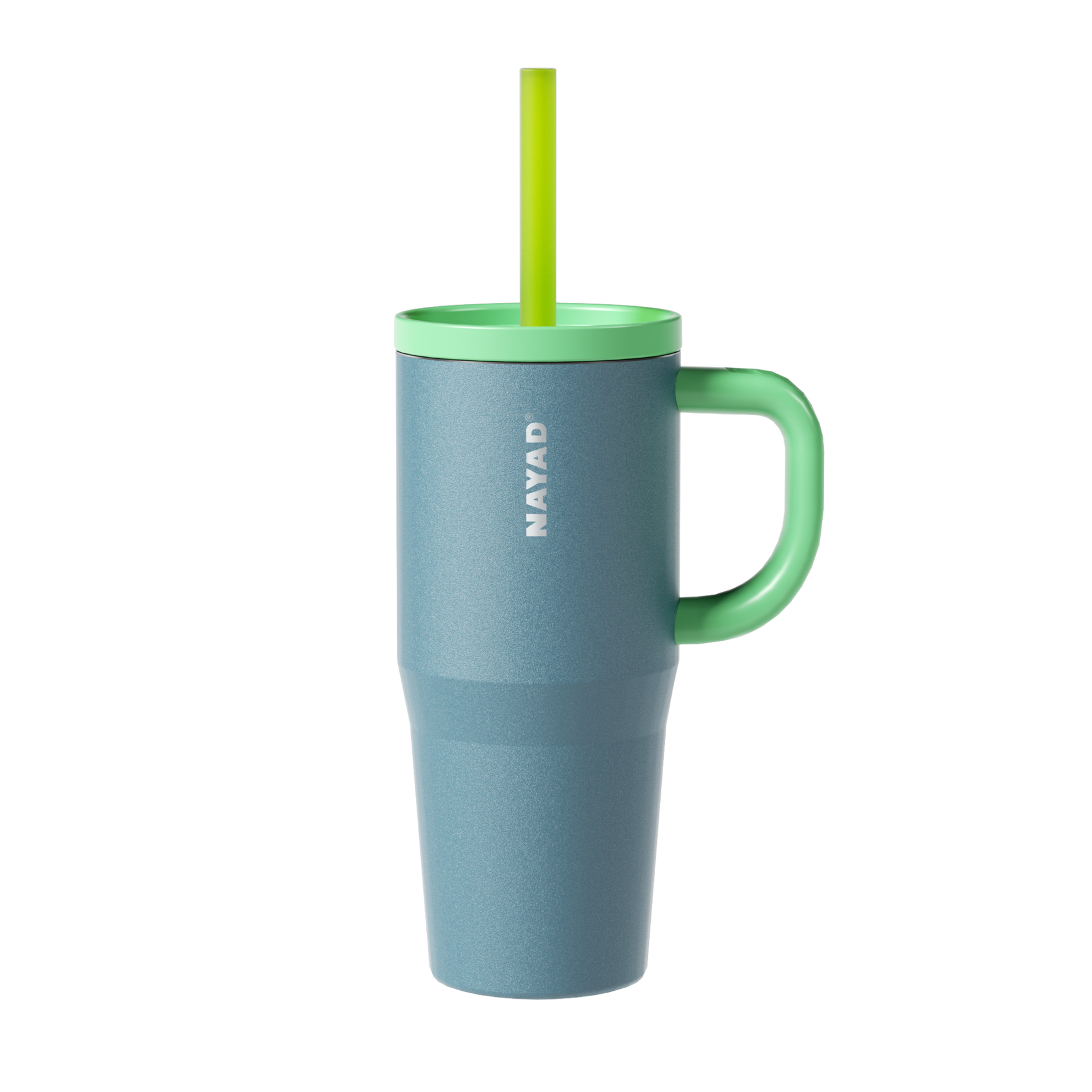 green mug with green handle and straw on a white background