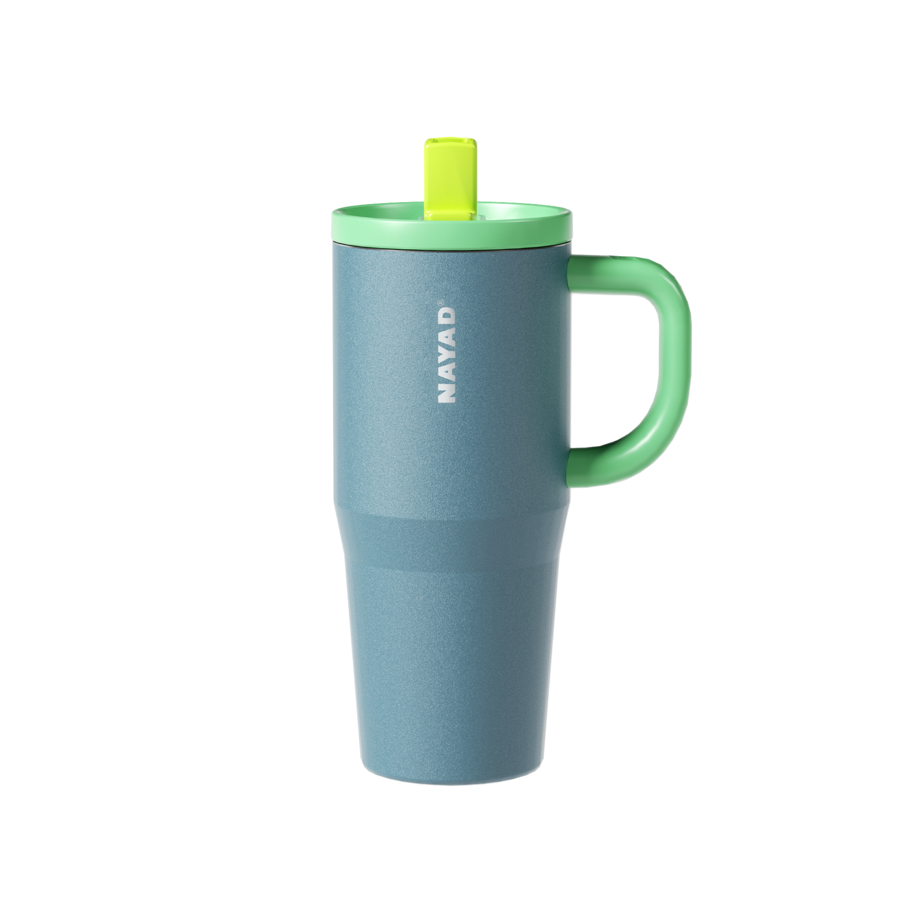 green mug with green handle and lid on a white background