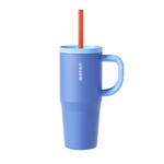 Blue mug with handle and orange straw on a white background