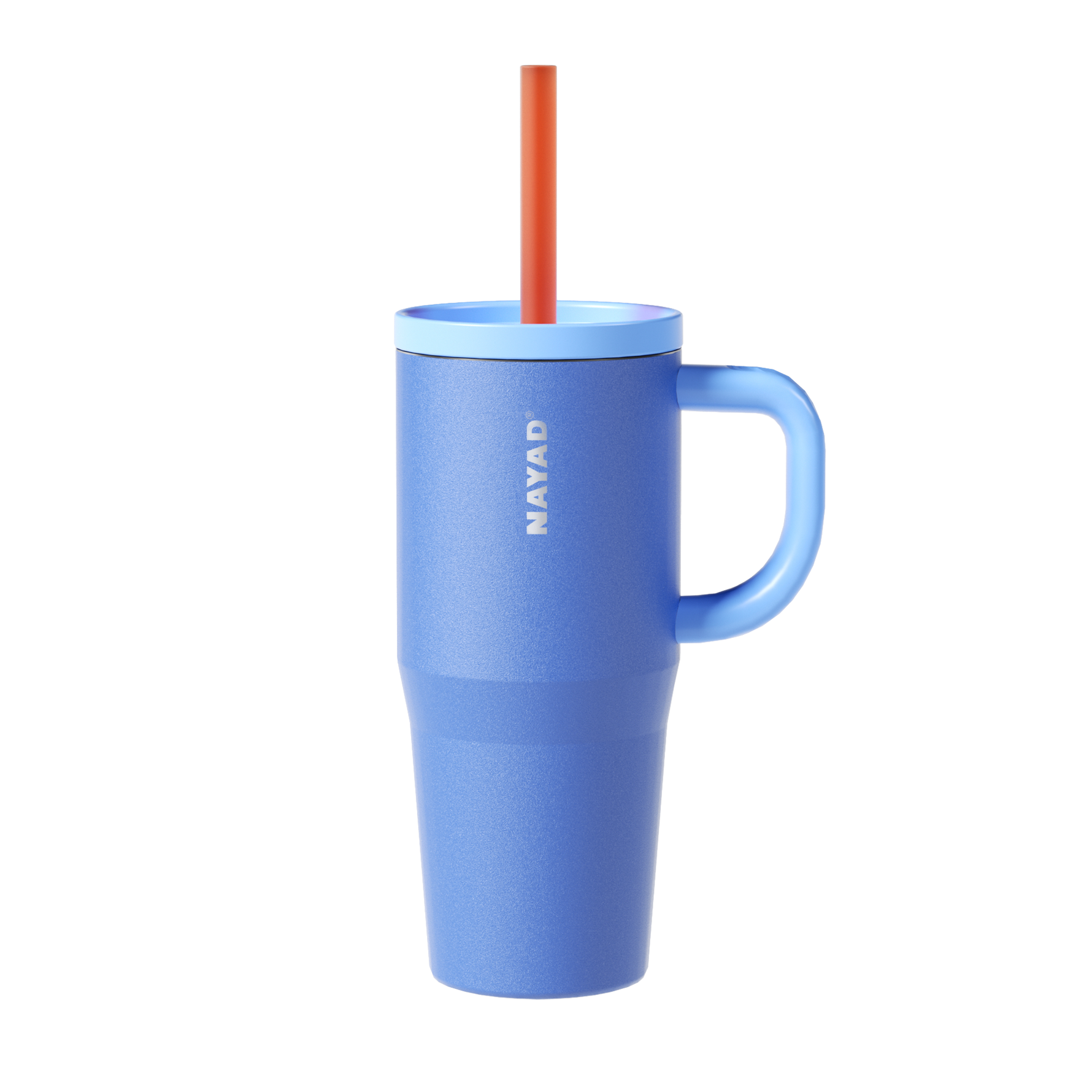Blue mug with handle and orange straw on a white background