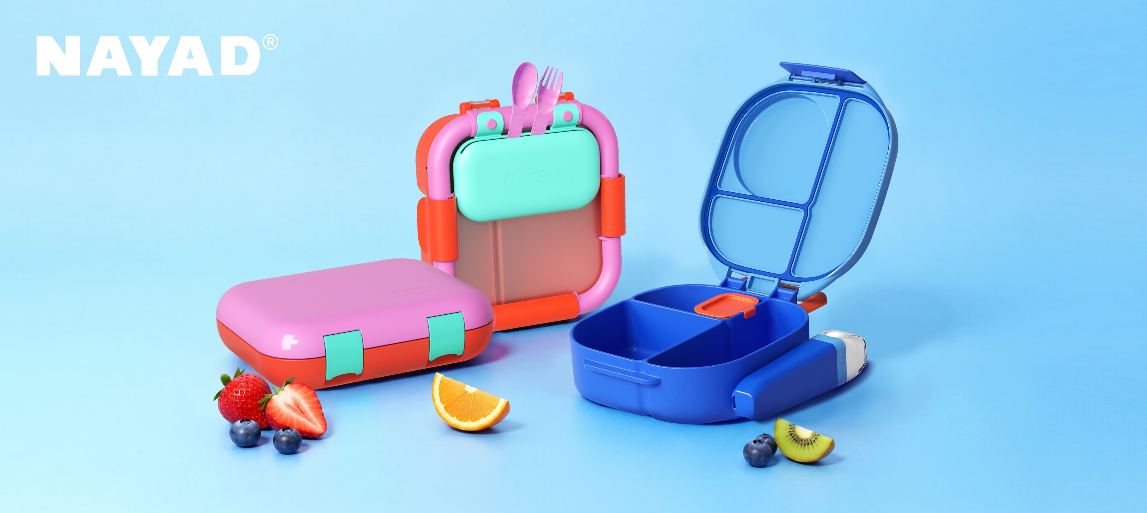 Colorful lunch box with compartments on a blue background, featuring the NAYAD brand.