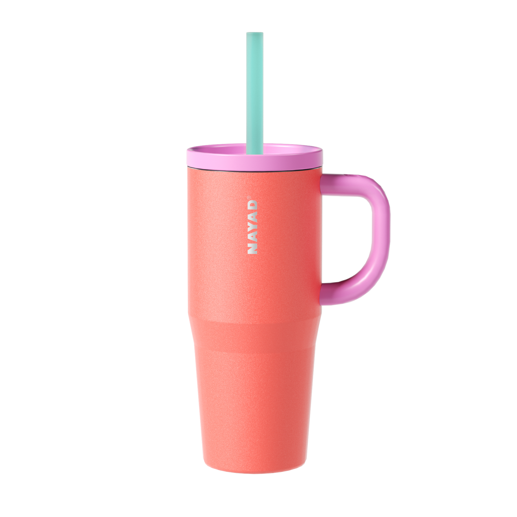 Coral mug with pink handle and straw lid on a white background