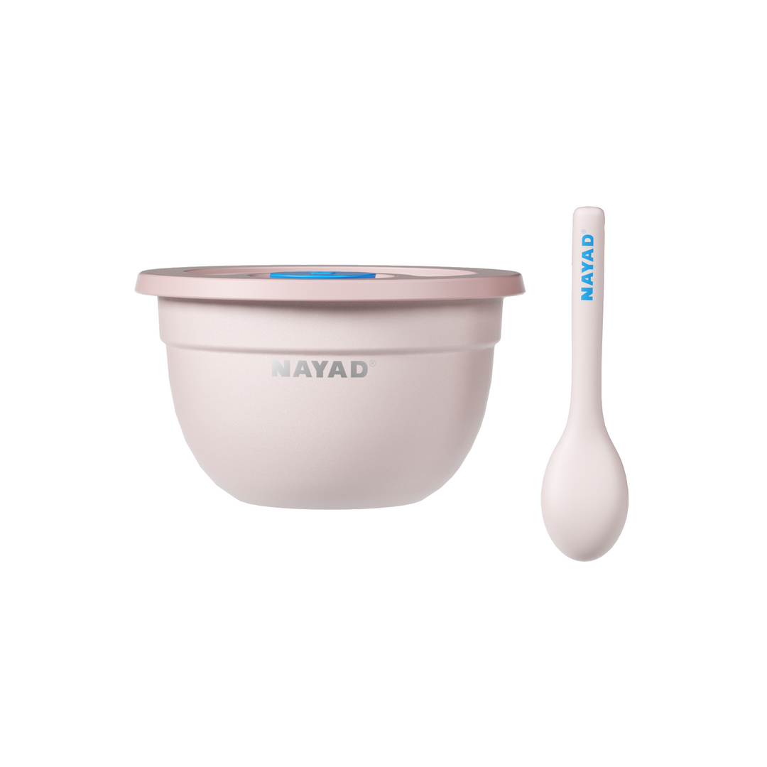 light brown pink ish bowl and spoon set with 'Nayad' branding on a white background