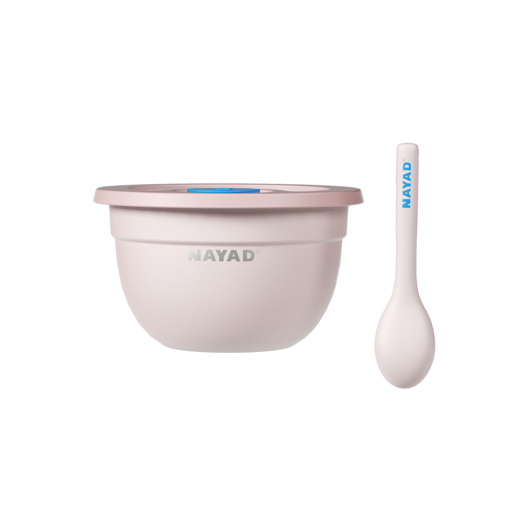 light brown pink ish bowl and spoon set with 'Nayad' branding on a white background