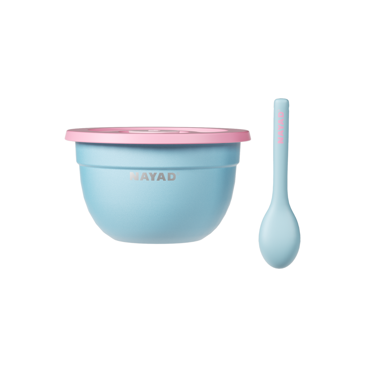 Light blue salad bowl with pink lid and matching spoon on a white background