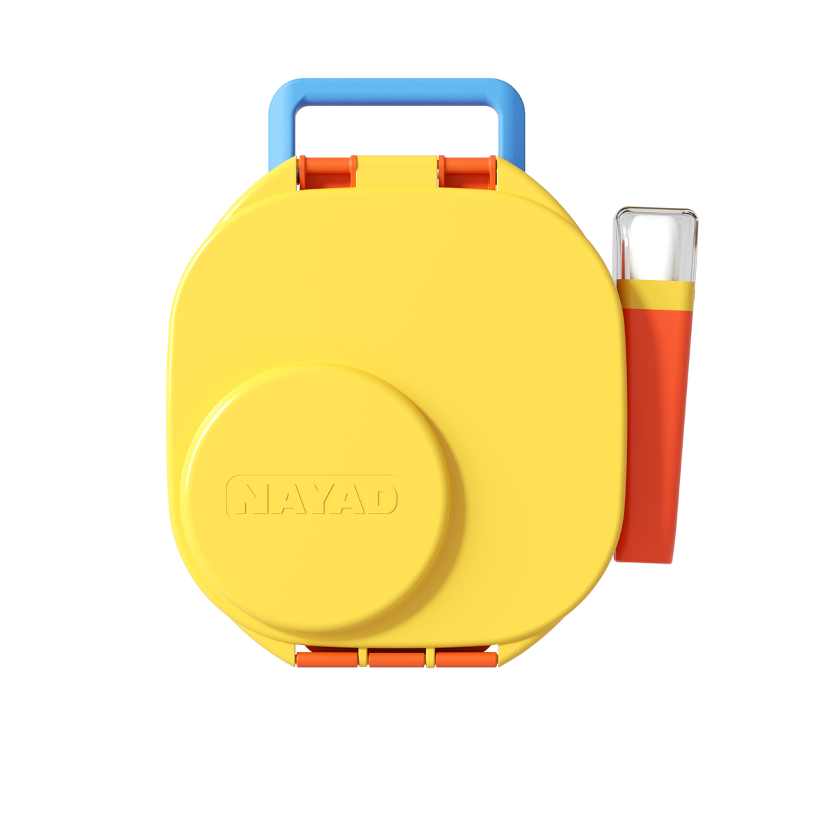 Yellow lunch box with blue handle and red accents on a white background