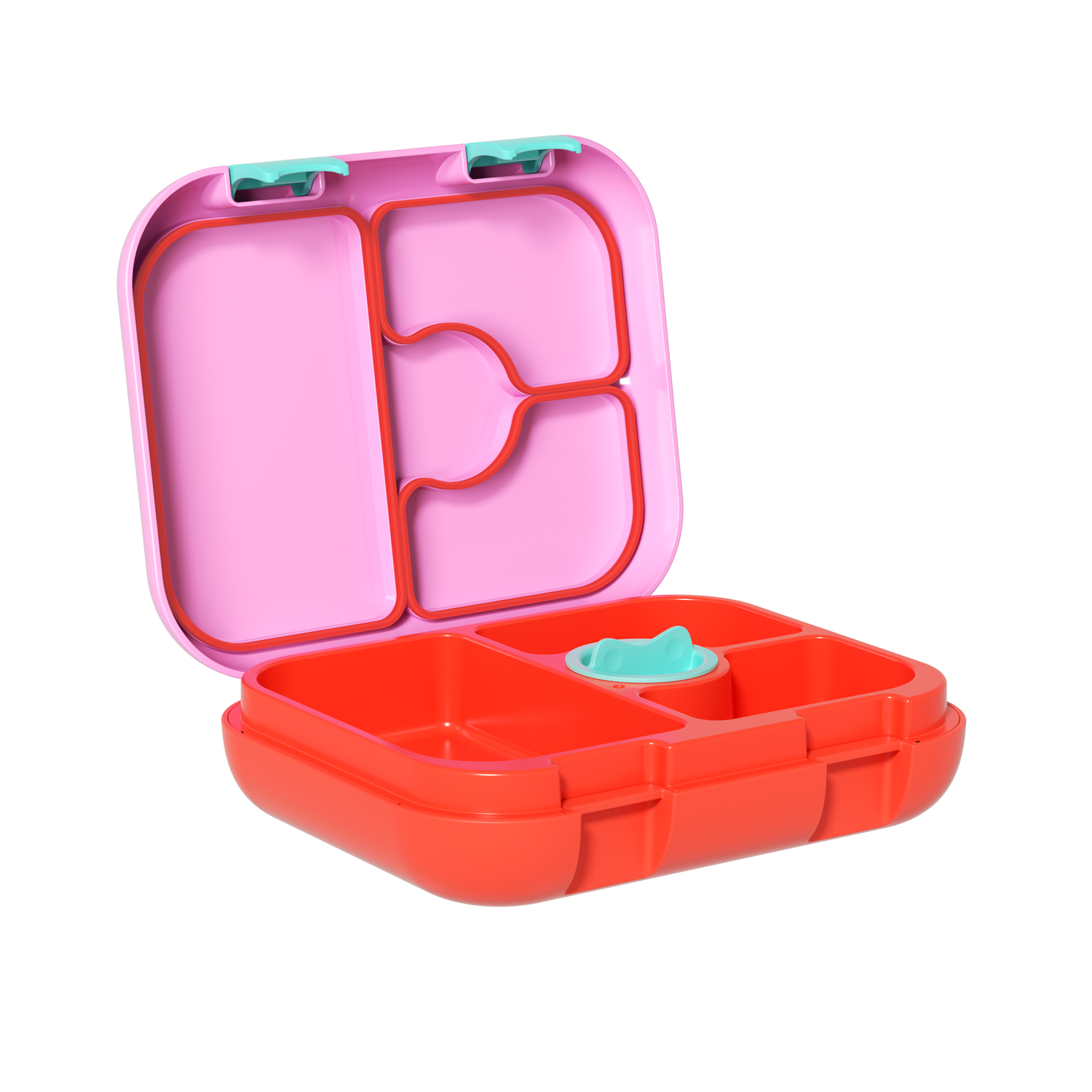 Pink and red bento box with compartments on a white background