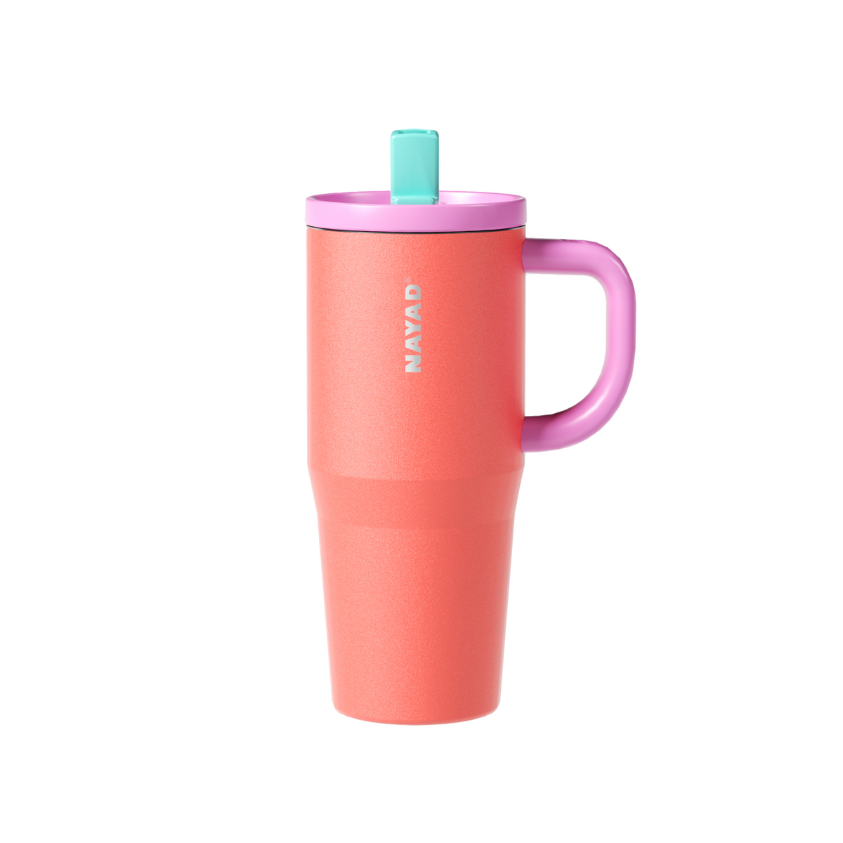 coral travel mug with a turquoise lid on a white background