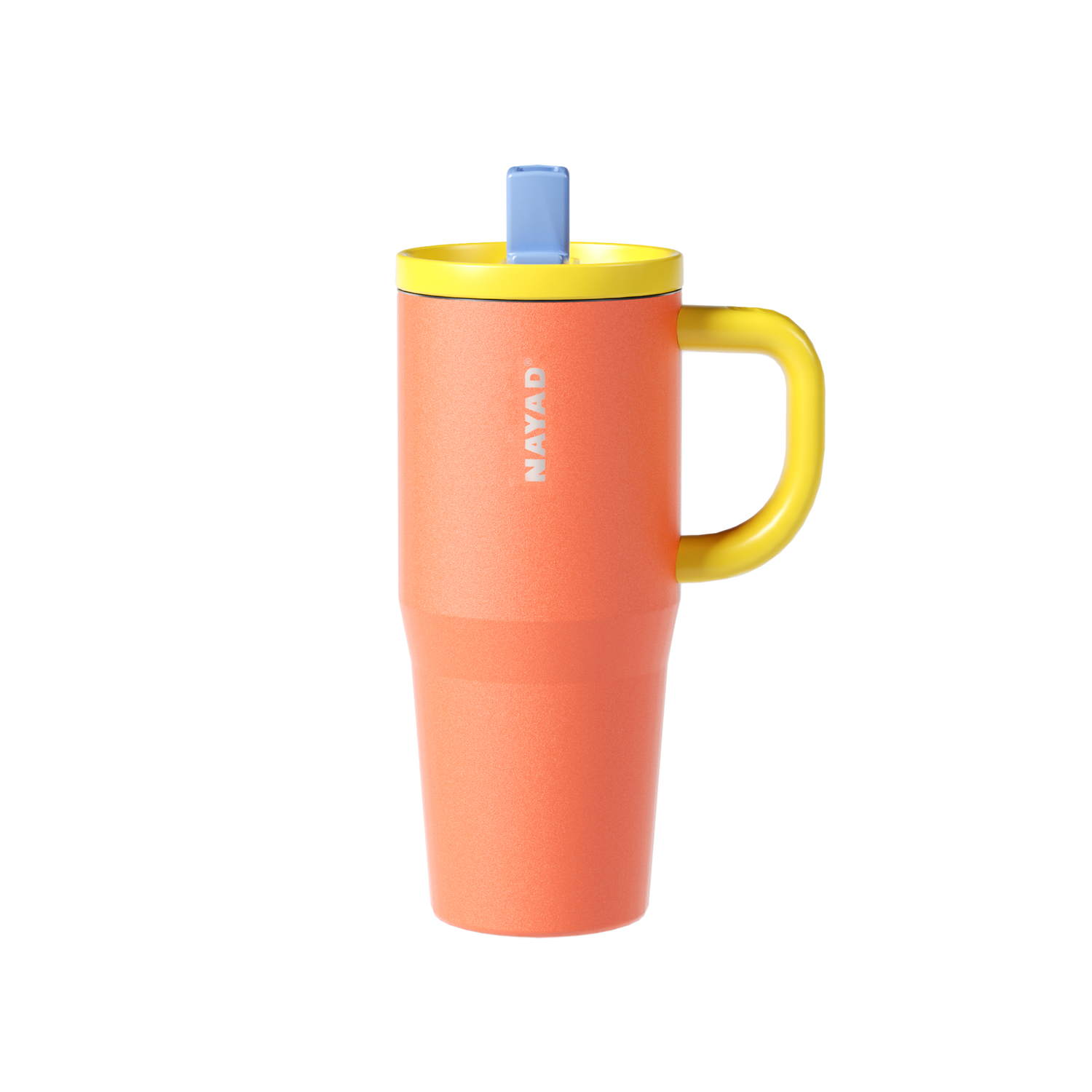 Orange mug with a yellow handle and blue straw on a white background