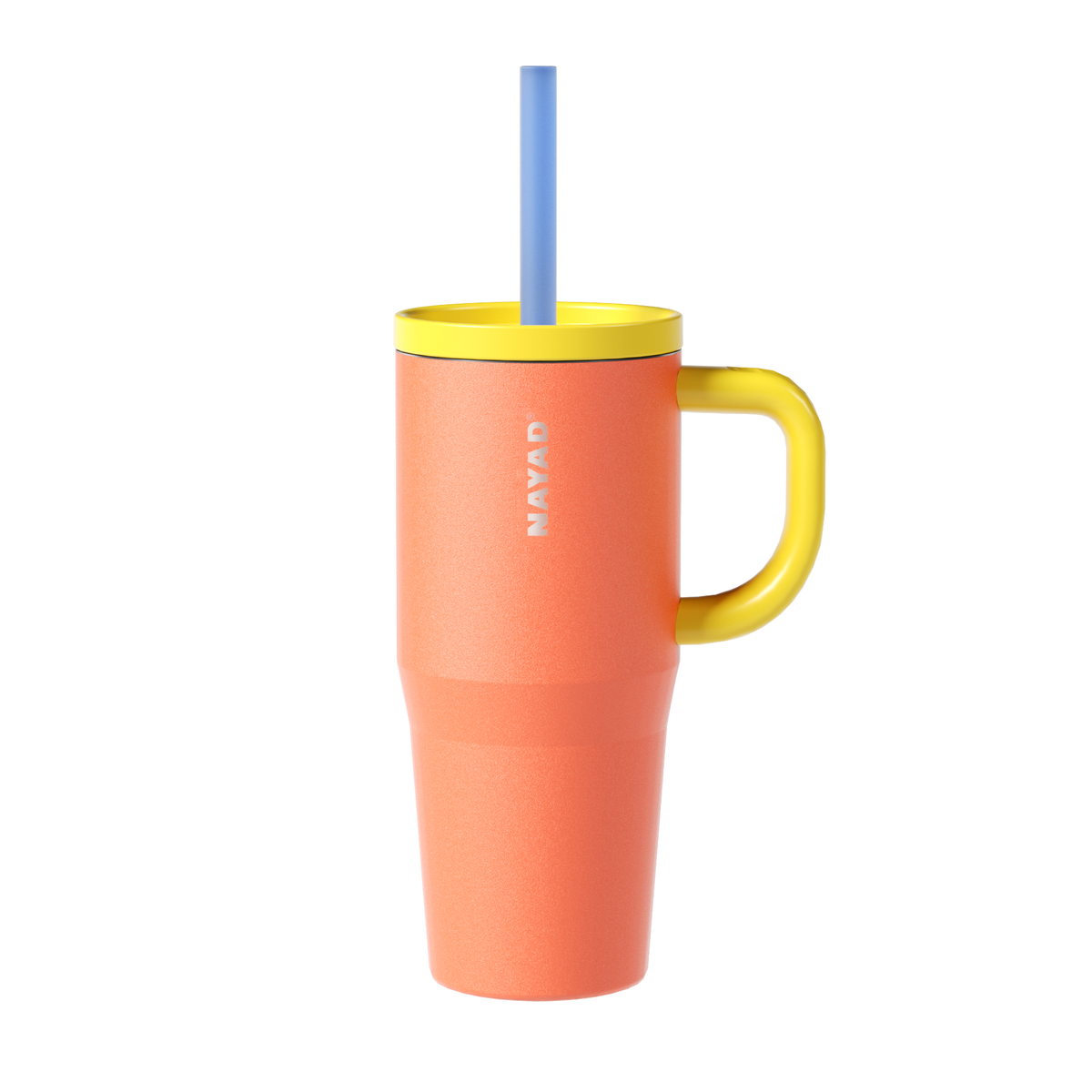 Orange mug with yellow rim and handle, blue straw, on white background